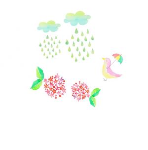 雨、鳥、あじさい